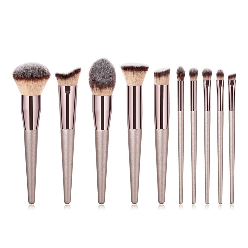 10pcs Champagne Makeup Brushes Set Foundation Powder Blush Eyeshadow
